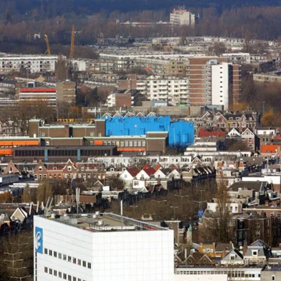 Overzicht van het blauwe huizenblok